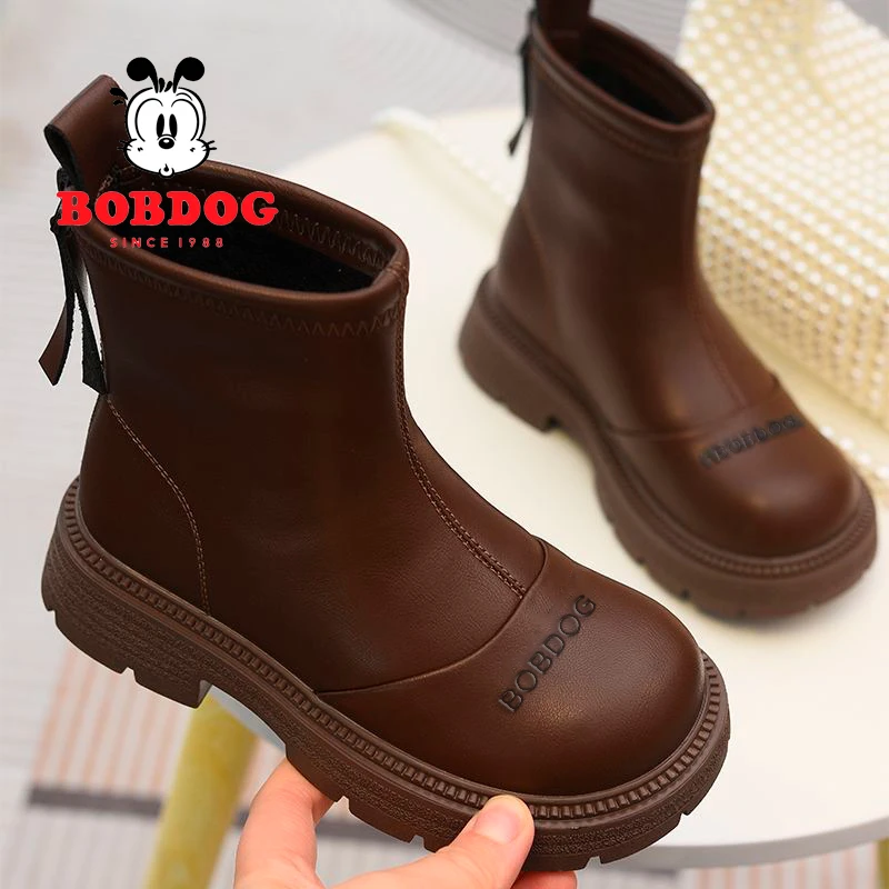 巴布豆女童短靴儿童单靴2025秋冬新款童鞋加绒二棉靴切尔西马丁靴