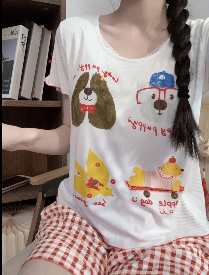 莫代尔睡衣女夏季短袖短裤少女卡通小狗带胸垫可外穿家居服套装