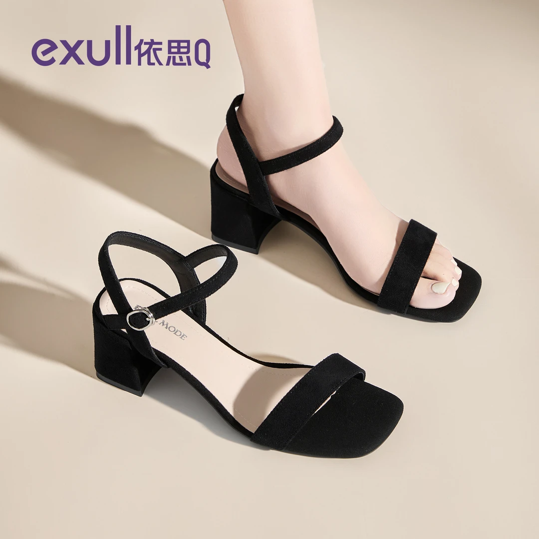 依思q高跟凉鞋女款2025新款夏季百搭粗跟一字带配裙子黑色高跟鞋