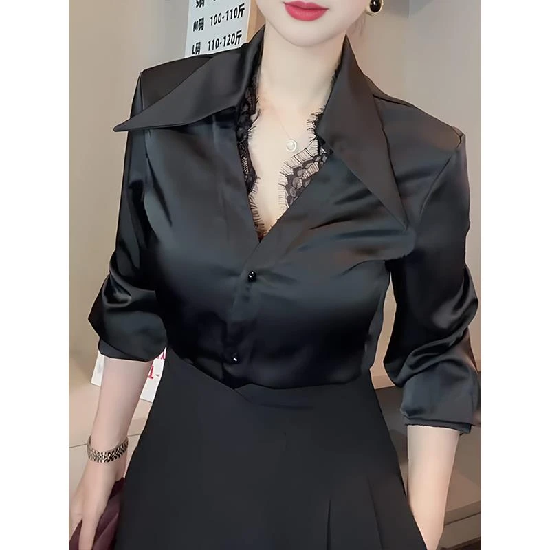 高级感蕾丝拼接Polo翻领黑色缎面衬衫女春秋修身显瘦职业气质上衣