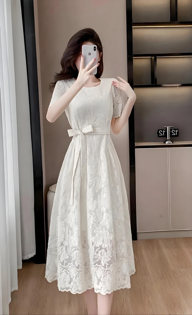 （非图片款）夏季新款法式气质刺绣蕾丝收腰显瘦中长连衣裙女装
