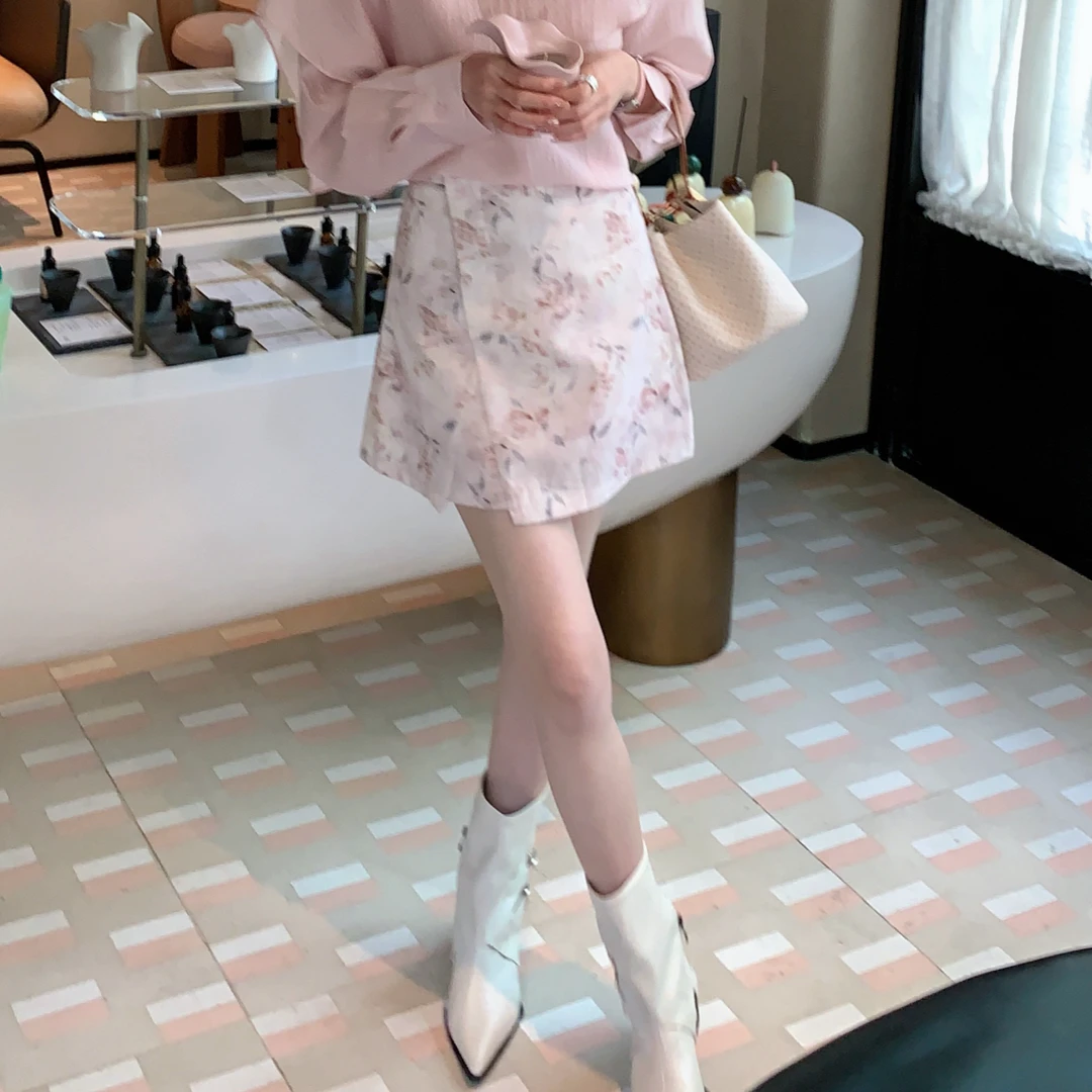 【赵小小&干枯玫瑰】7082 不规则粉色印花短裙a字设计感小众半身裙