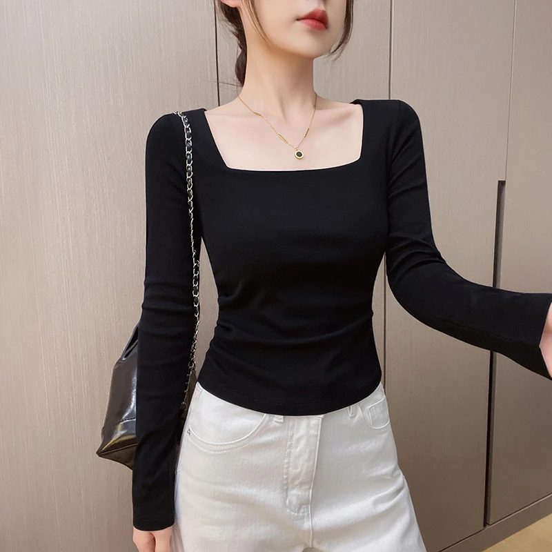 黑色露锁骨方领长袖T恤女内搭秋冬新款显瘦修身洋气打底保暖上衣