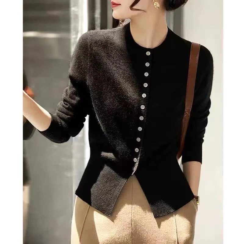 长袖常规款修身显瘦春秋季毛针织衫毛衣气质圆领开叉短款711