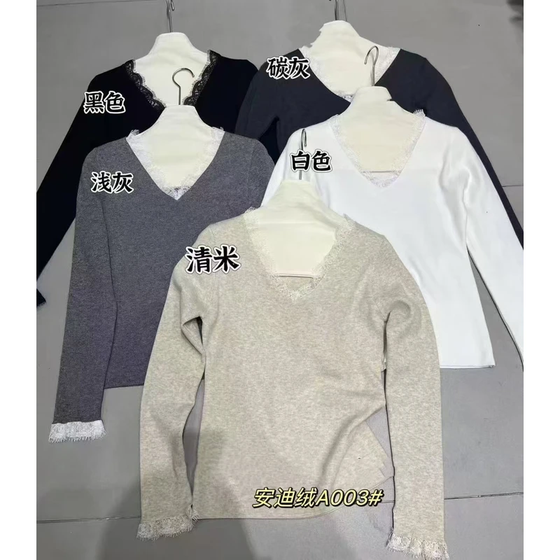 【锦衣服饰】A 003韩系V领蕾丝安迪绒百搭打底毛衣