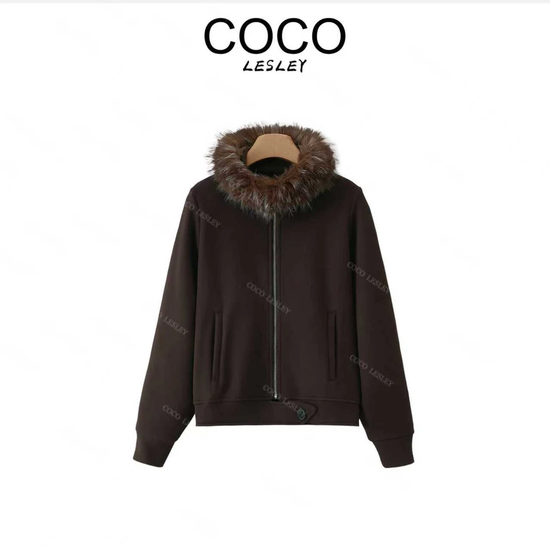 【COCO LESLEY】 加绒加厚仿貉毛毛领百搭显瘦修身外套JY1011A/ZN