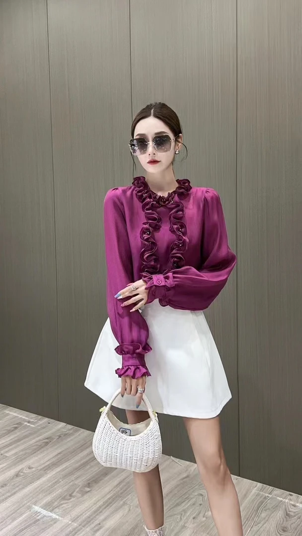 淑雅阁 蕾丝网红休闲时尚设计感长袖百搭上衣6009