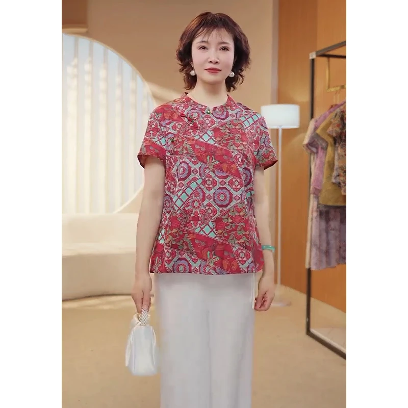 妈妈装夏装新中式国风盘扣短袖衬衫中老年夏季气质薄款T恤套装052