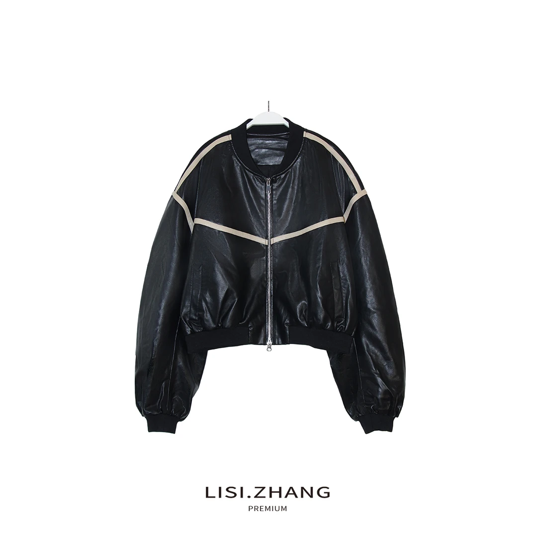 LISI.ZHANG--【拉条皮夹克】罗口圆领蝙蝠型宽松短款皮外套夹克上衣