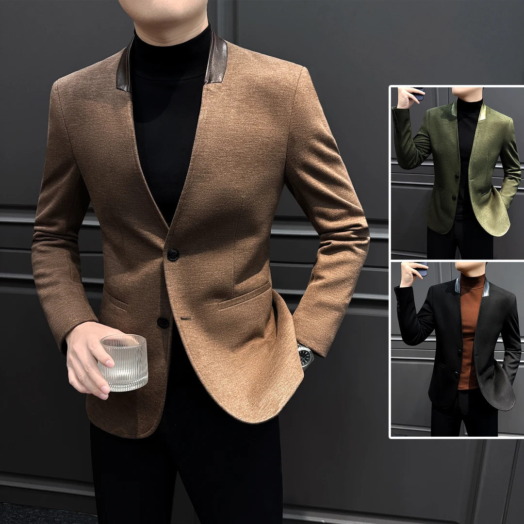 拼皮立领西装外套男款爆款2025新款高级感毛呢休闲绵羊毛男士西服