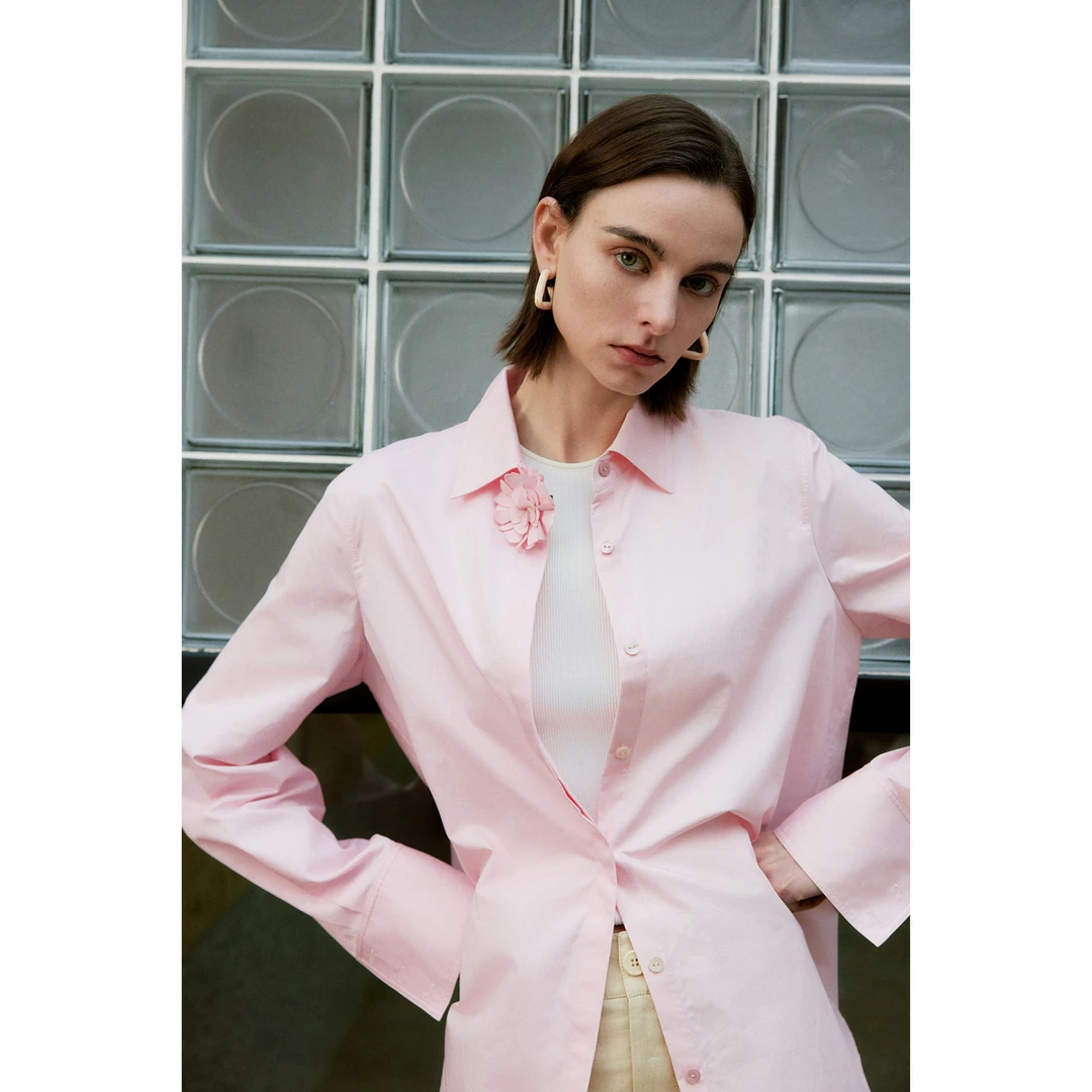 简约立体设计感休闲花朵粉色棉衬衫女 LGD2FSW181