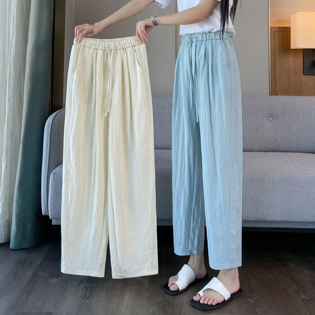 直筒休闲小个子莱赛尔亚麻阔腿裤女冰丝夏季薄款宽松八九分哈伦裤