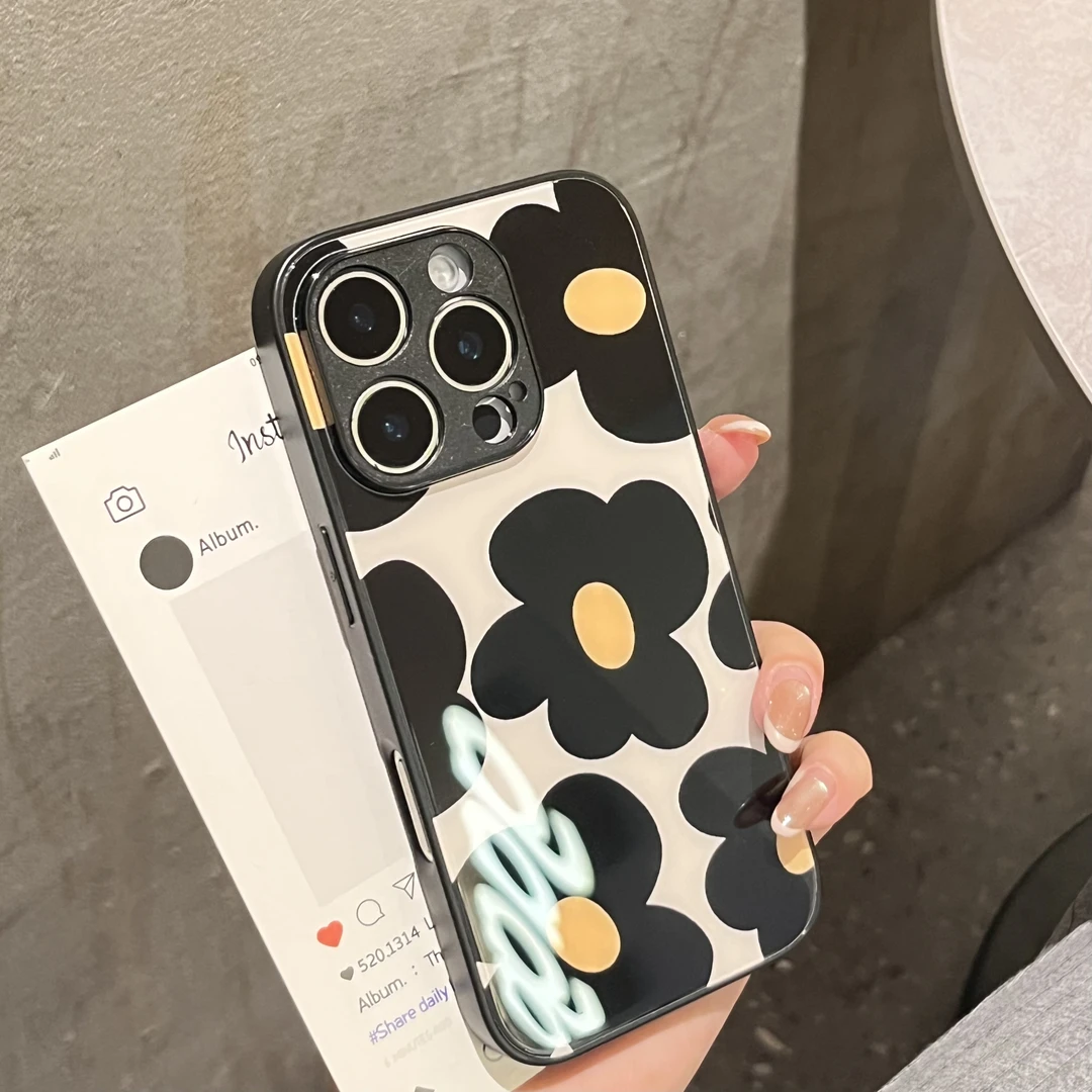 OU个性黑花朵适用苹果16promax防摔手机壳iPhone新款玻璃高级男女