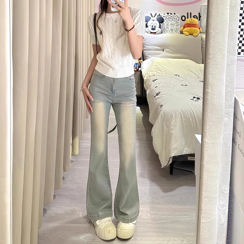 女款大码复古微喇牛仔裤女春季夏季新款高腰显瘦遮胯弹力长裤裤子