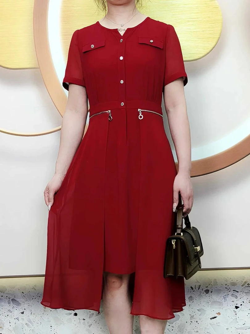 H863红色连衣裙连衣裙女士时尚气约潮拼接裙子春秋色牛仔