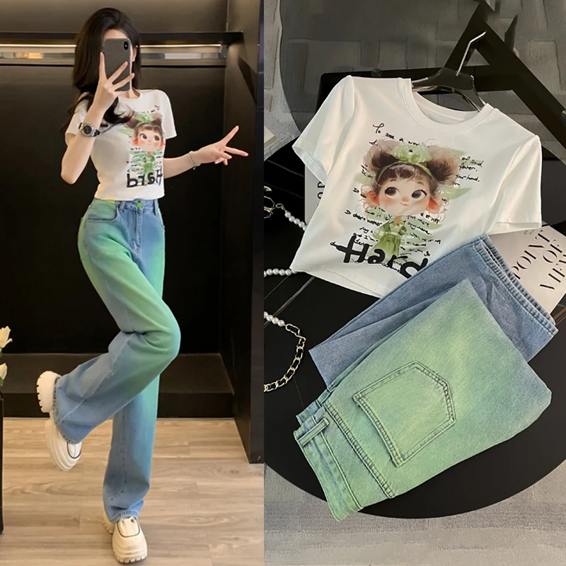 小清新卡通印花短袖T恤时尚套装夏季高腰显瘦直筒牛仔裤两件套女