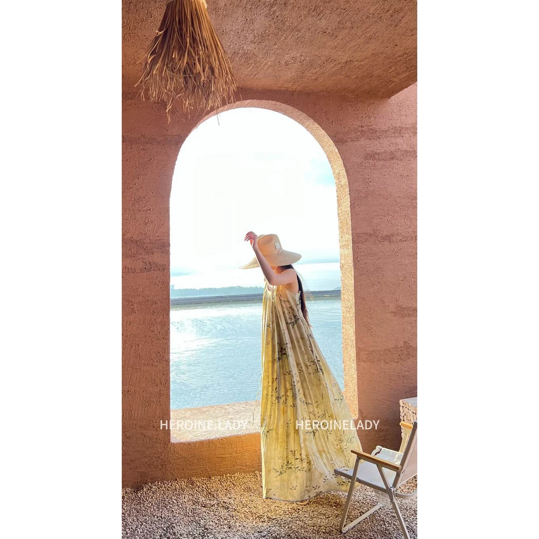 【草木人间】HL棉绸夏肩带可调节圆领叶子长款时尚百搭气质吊带裙