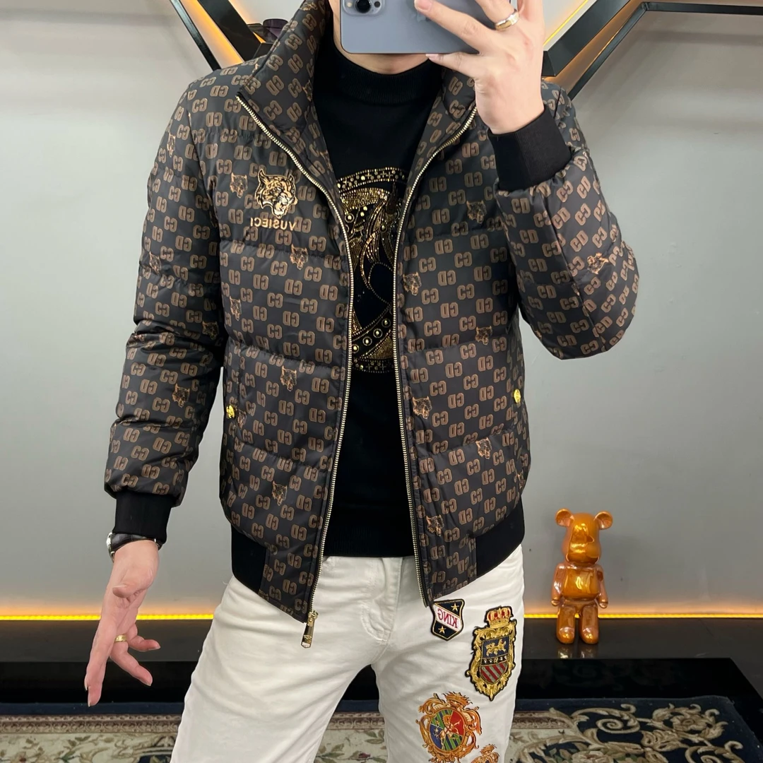 欧货高端冬季立领羽绒服男潮流修身印花烫钻白鸭绒保暖百搭外套