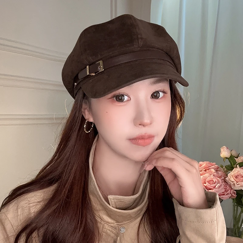 朵澜新品韩版麂皮英伦复古风八角帽皮扣报童帽显脸小画家帽女百搭