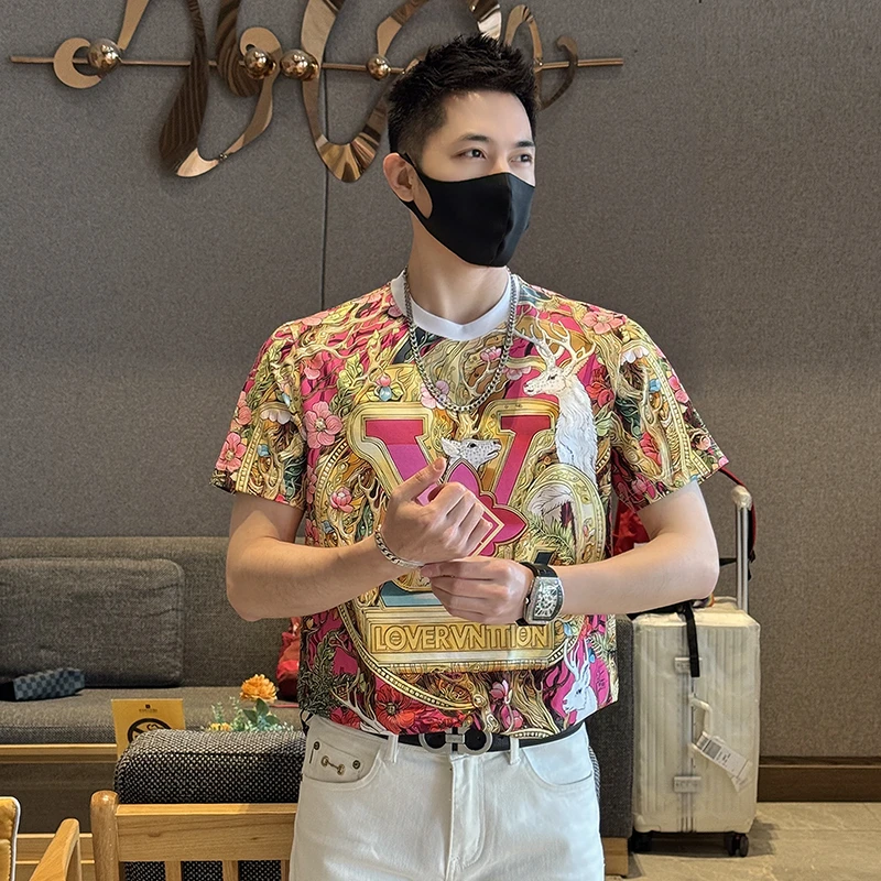 2025夏季轻奢男士薄款潮流圆领短袖休闲时尚百搭修身印花T恤男款