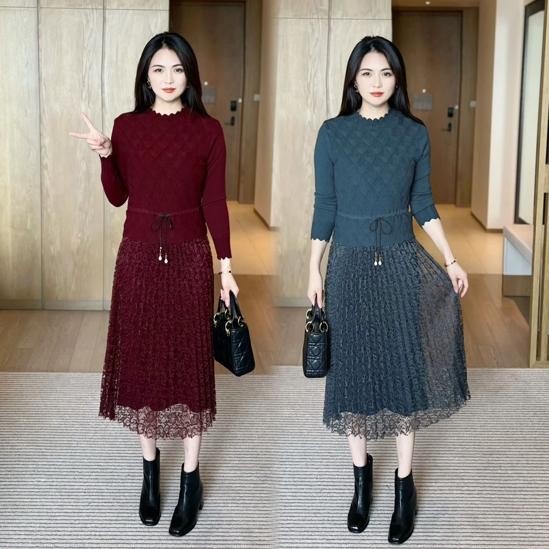 针织连衣裙女2025秋季新款洋气质显瘦中长款打底拼接毛衣打底裙子