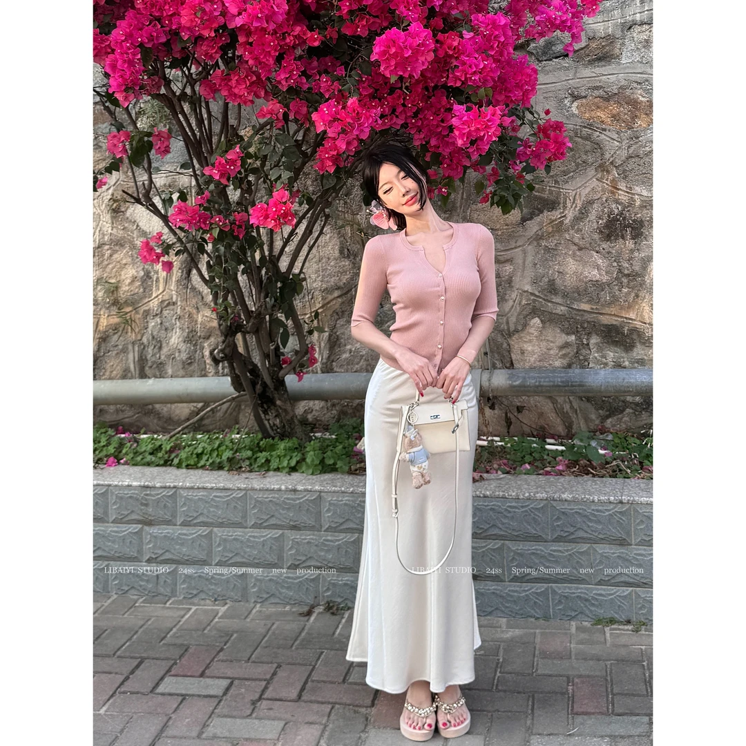 现货LIBAIYI 人鱼小姐/缎面垂坠感韩系显瘦鱼尾松紧腰半身裙1467