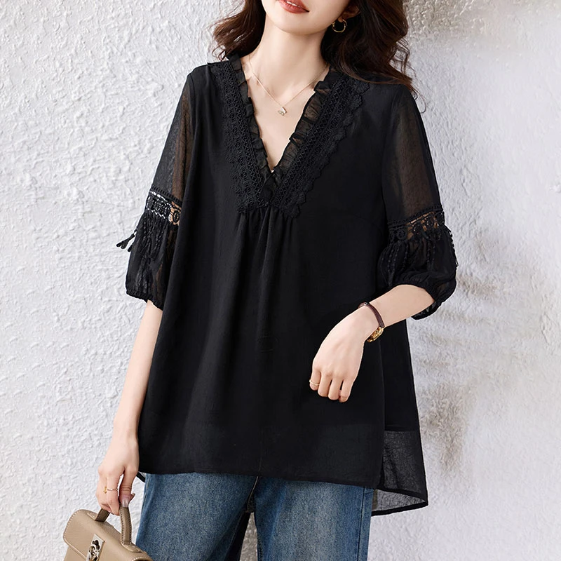 蕾丝黑色衬衫女士2025新款宽松时尚显瘦遮肚中长款木耳边小衫上衣