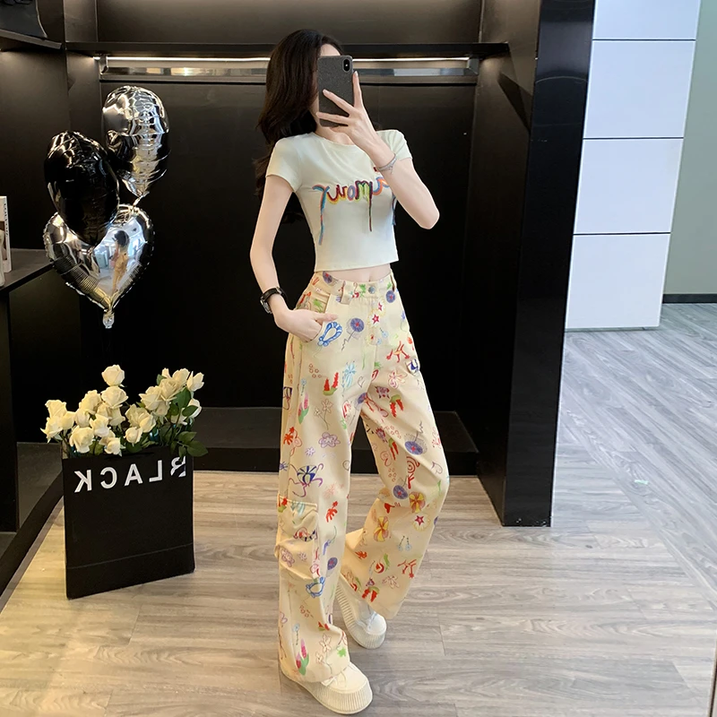 减龄韩系短袖碎花法式高腰洋气夏季套装气质名媛长裤印花裤子显瘦