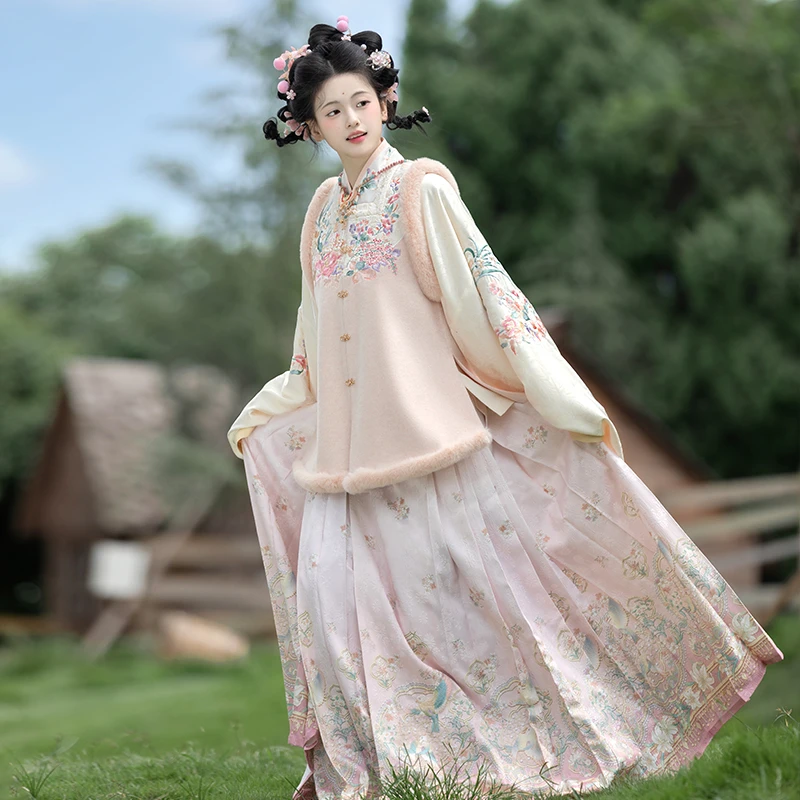 重回汉唐 绯烟霞 直领大襟袄改良比甲马面裙套装明制汉服女成人