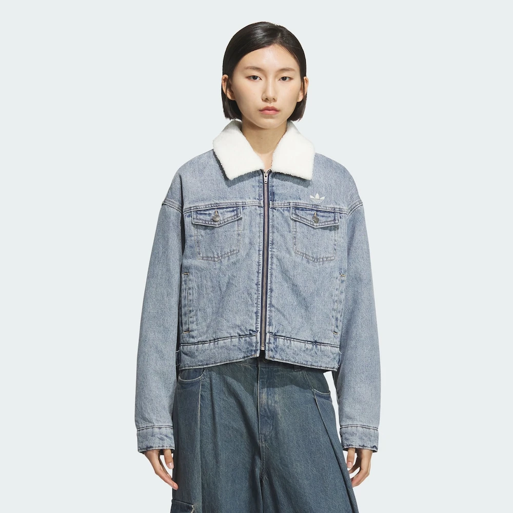 Adidas三叶草FEMME DENIM PAD JACKET保暖牛仔运动宽松棉服KC2626