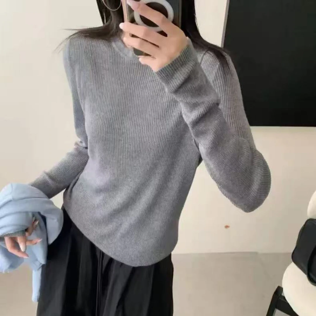 韩系秋冬新款时尚圆领字母提花修身显瘦百搭羊毛针织打底衫6542