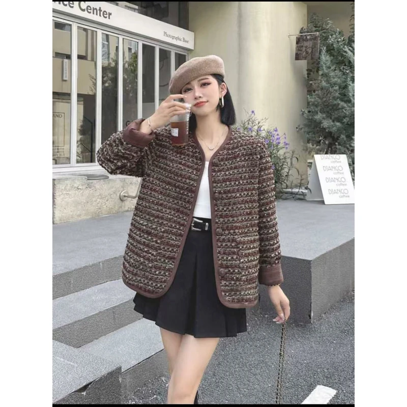 8835-3752 条纹单排扣保暖女短外套圆领秋季厚款长袖