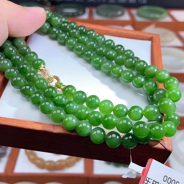 和田玉（碧玉）未镶嵌颈饰（辣菠菜绿）108粒卡8