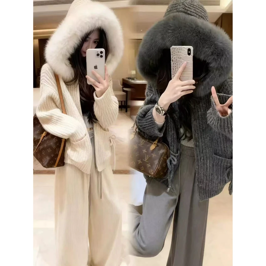 大码女装2025秋冬新款针织连帽宽松型短款毛衣秋冬上衣加厚时尚