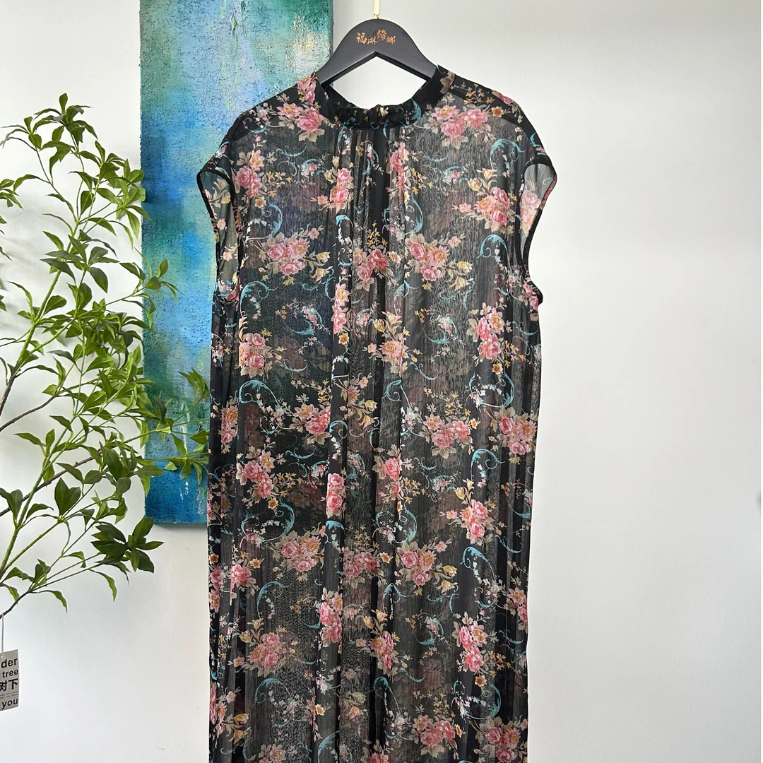 福琳缔娜时尚国风印花无袖气质夏季百搭复古长款双层连衣裙女装