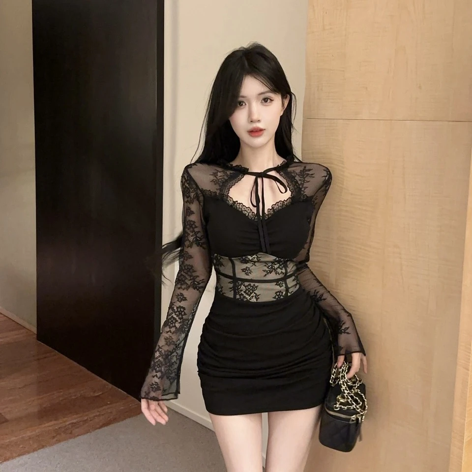 秋冬长袖辣妹棉拼网纱性感低胸连衣裙紧身显身材夜场上班衣服短裙