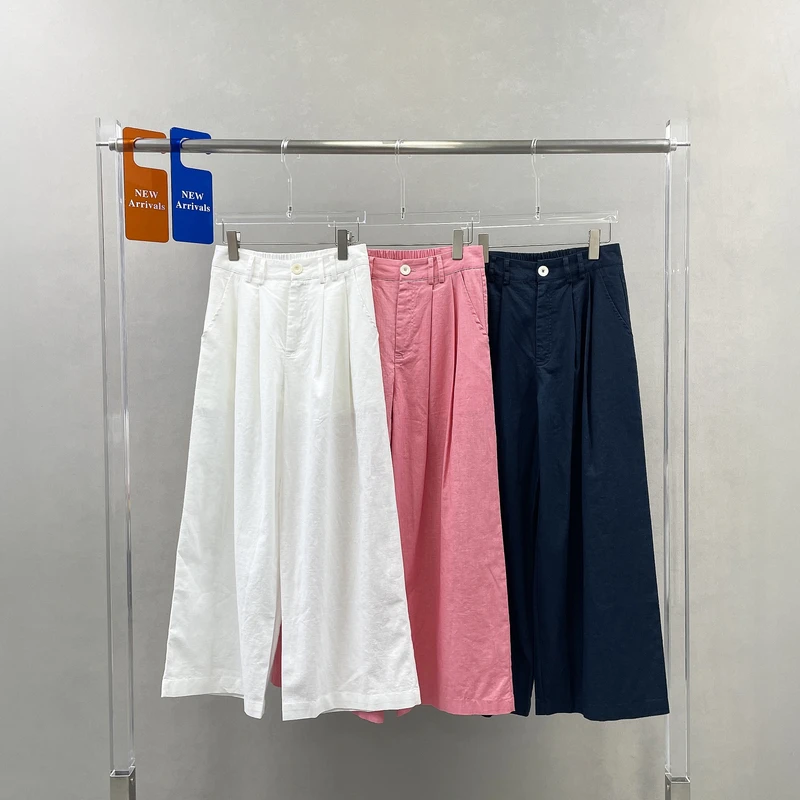 2025夏季新款时尚粉色棉麻裤女松紧腰直筒阔腿休闲裤长裤24841-1