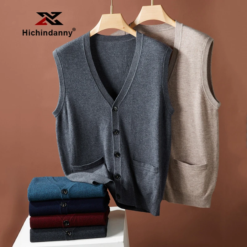HICHIN羊毛马甲男士秋冬季针织开衫V领坎肩无袖背心运动马甲外套