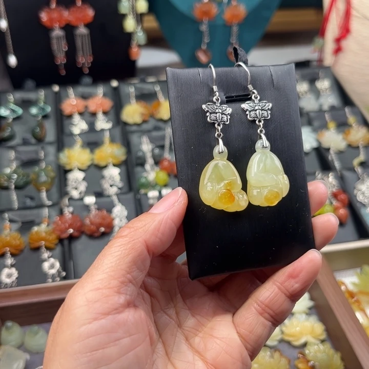 蛇纹石玉耳饰银S925镶嵌