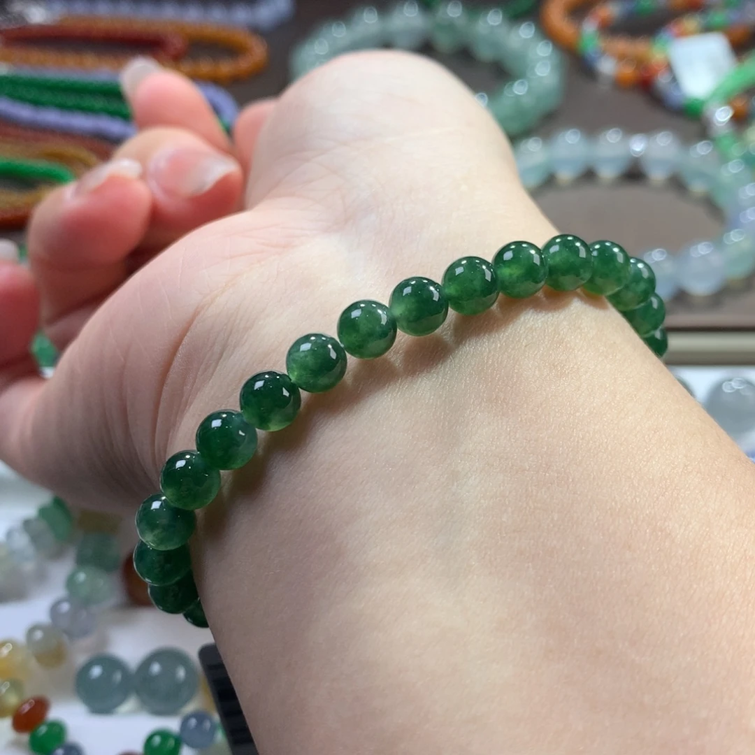 翡翠未镶嵌手链暮光森林•绿油油冰飘绿花单圈卡6.19