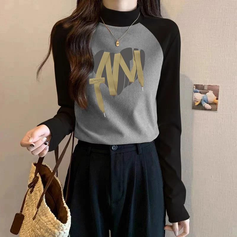 德绒加绒加厚保暖半高领长袖T恤女秋冬季磨毛内搭插肩上衣打底衫