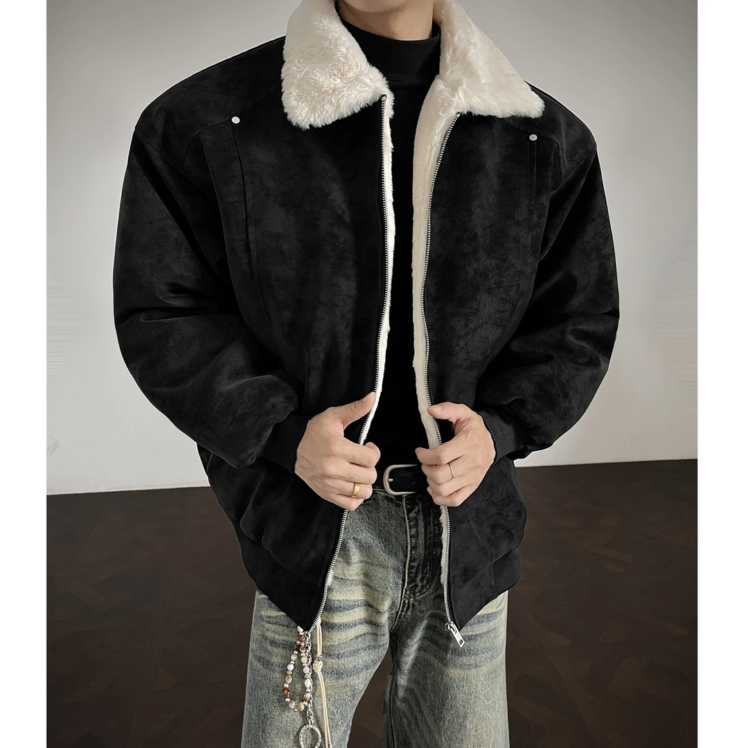 男款冬季美式加绒加厚休闲风翻领外套休闲宽松夹克保暖毛领外套