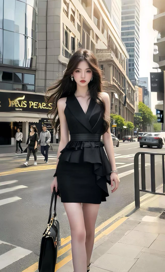 新款2025夏季黑色V领收腰无袖上衣+黑色百搭包臀半身裙女两件套