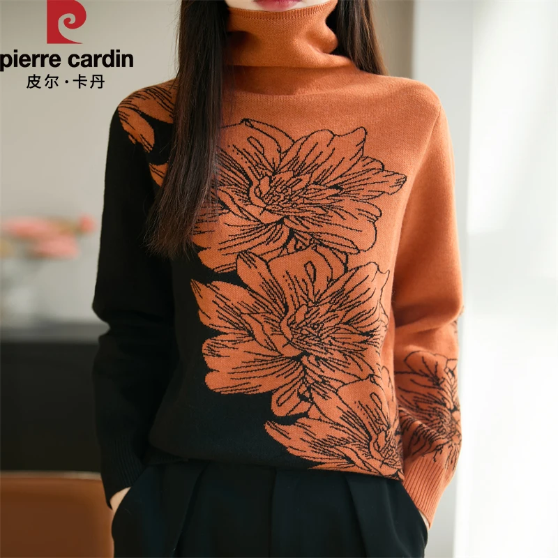 皮尔卡丹新款高领撞色印花打底针织衫时尚百搭女士秋冬套头上衣女
