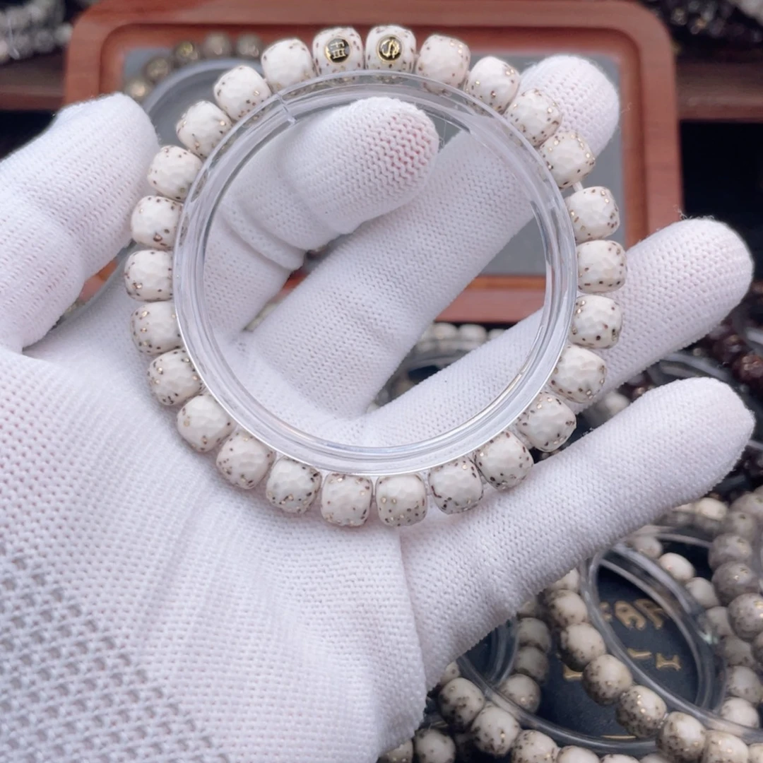 星月菩提手串半壁留白石玉料骨瓷白绿背龙鳞