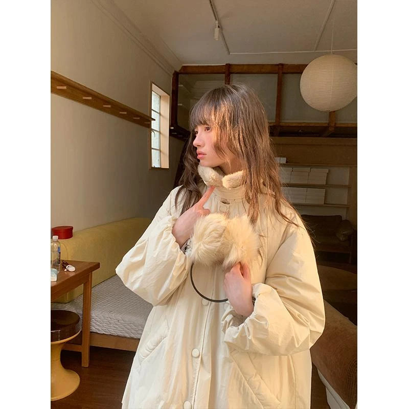 霍里德地图 "杏仁奶泡"可可拆卸毛领中长款花苞羽绒服保暖外套女