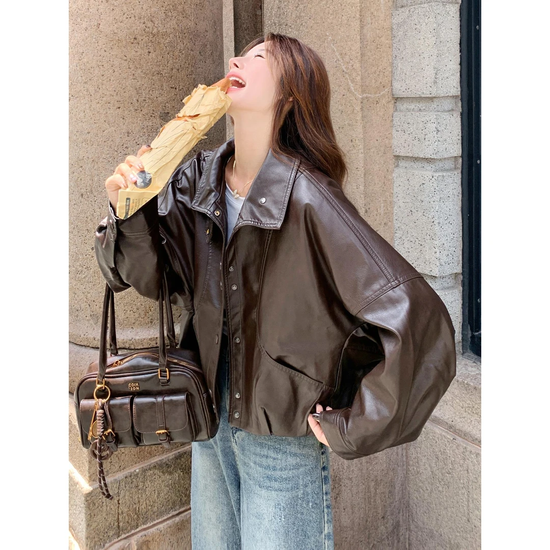 美拉德咖色气质减龄皮衣外套女2025春秋新款韩系独特别致皮夹克