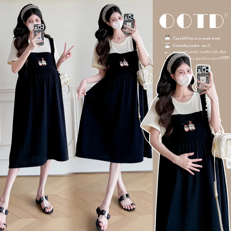 【梦梦妈】孕妇装2025夏季新品韩版时尚甜美减龄拼接假两件连衣裙