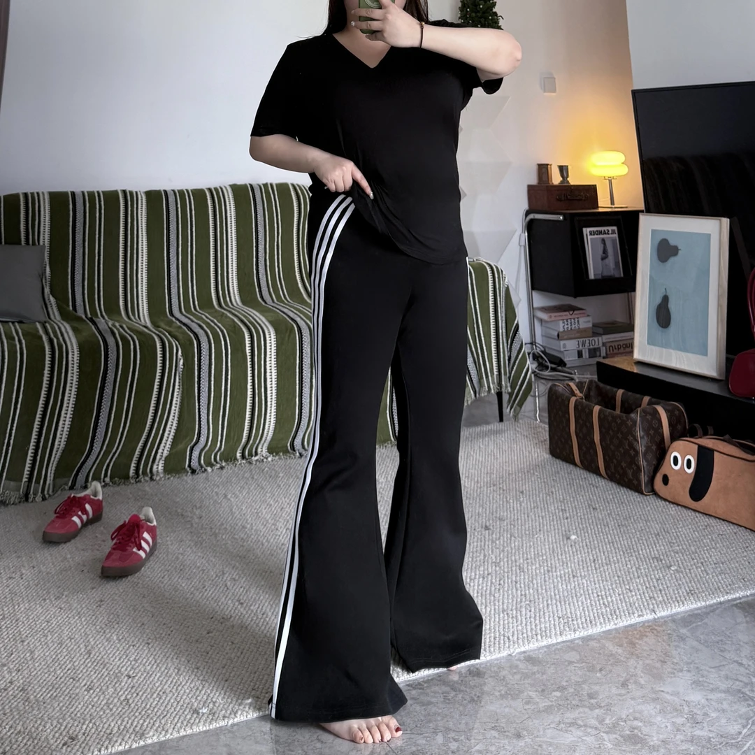 肉肉的甜甜【双弧条纹裤】大码微胖弹力腰身显瘦日常韩系喇叭裤182