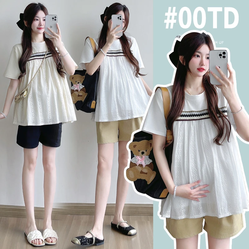 2025孕妇装夏季遮肚子不显怀韩版洋气娃娃衫短袖T恤搭配时尚短裤